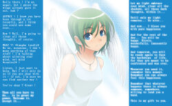 angel angel_girl blue_eyes caption consensual dress female_only femdom green_hair kayvaan_(manipper) looking_at_viewer magic manip mitsuba_minoru necklace pov pov_sub text wholesome wings rating:safe score: user:kayvaan