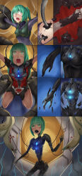 absurdres blush bodysuit comic female_only femsub green_hair ibenz009 injection nightmare_fuel open_mouth original ponytail robot robotization tech_control tentacles transformation rating:Questionable score:36 user:sk00