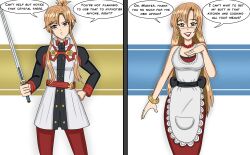 apron asuna before_and_after blush breasts domestication dress earrings female_only femsub happy_trance housewife jewelry large_breasts long_hair necklace orange_hair polmanning short_hair stepfordization sword_art_online text rating:Questionable score:111 user:PolManning