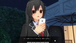 3d absurdres black_hair breasts brown_eyes custom_maid_3d_2 dialogue open_mouth phone school_uniform swallow774 text tie translated rating:Safe score:2 user:kegmeg