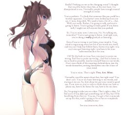 angry blue_eyes breasts brown_hair caption caption_only fate/grand_order fate/stay_night fate_(series) femdom gomashio_ponz hair_ornament hypnofyre_(manipper) long_hair looking_at_viewer looking_back manip one-piece_swimsuit pov pov_sub rin_tohsaka swimsuit text thighs rating:Explicit score:189 user:HypnoFyre