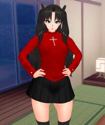 3d aware black_hair blue_eyes breasts confused cross fate/stay_night fate_(series) hair_ornament hair_ribbon large_breasts long_hair looking_at_viewer negakura open_mouth ribbon rin_tohsaka skirt thighs twintails rating:Safe score:30 user:Disastermaster55