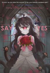 black_hair complex_background cyclops dress female_only femdom flower gazer_(monster_girl_encyclopedia) hard_translated hinzel_(manipper) humor hypnotic_eyes looking_at_viewer love male_pov manip monster_girl_encyclopedia pov pov_sub red_eyes smile text translated wedding_dress rating:safe score: user:hinzel