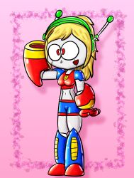 absurdres ameerashourdraws antenna blonde_hair cave_story curly_brace drone empty_eyes fembot femsub latex red_eyes robot_girl saluting rating:Questionable score:4 user:QueenNeptunia