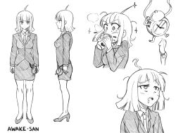 ahoge awake-san clock drinking drool empty_eyes female_only femsub greyscale high_heels messy_hair monochrome multiple_views myuk office_lady open_mouth original reference_sheet short_hair sketch standing straight-cut_bangs suit tie traditional rating:Safe score:104 user:Myuk
