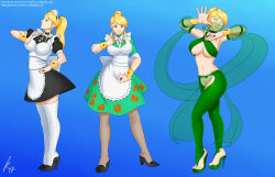 absurdres apron blonde_hair bracers breasts cosplay crimson_(stepfordcrimson) dancing empty_eyes expressionless female_only femsub green_eyes happy_trance harem_outfit heart high_heels housewife large_breasts legs looking_at_viewer maid multiple_views oo_sebastian_oo original spiral_eyes standing standing_at_attention symbol_in_eyes thighhighs underboob rating:Questionable score:219 user:StepfordCrimson