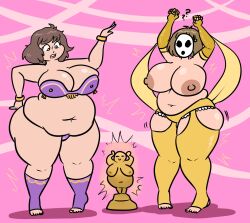 breasts brown_eyes brown_hair chubby dancing deffy_(defcon7) femsub harem_outfit large_breasts large_hips lewdsona maddy_(duckydaduck) mask original possession statue transformation weight_gain rating:explicit score: user:duckytheduck