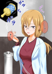 age_regression blonde_hair brown_eyes dialogue empty_eyes femsub glasses lab_coat long_hair na_shacho smoke smoking text translated trigger rating:Questionable score:15 user:Mattlau04
