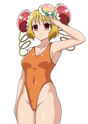 bangs bare_legs blonde_hair breasts clothed cure_yum-yum delicious_party_precure empty_eyes expressionless female_only femsub hair_bun_covers hair_buns hair_ornament hair_ribbon leotard magical_girl navel precure ran_hanamichi red_eyes saluting simple_background skymidaisuki solo standing standing_at_attention twintails white_background rating:Explicit score:5 user:JustChilling