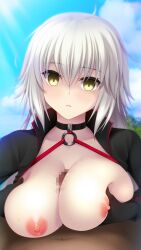  bikini breasts breasts_outside cleavage collar empty_eyes expressionless fate/grand_order fate_(series) femsub gloves irori jeanne_alter large_breasts long_hair open_clothes paizuri penis topless white_hair yellow_eyes  rating:explicit score: user:arata