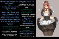 blush bow breasts brown_hair caption consensual doki_doki_literature_club female_only femsub green_eyes happy_trance large_breasts long_hair looking_at_viewer maid maledom manip monika otxoa60 panties pantyhose ponytail pov pov_dom ribbon skirt skirt_lift smile text theoneincontrol_(manipper) thighhighs underwear upskirt rating:Questionable score:81 user:TheOneInControl