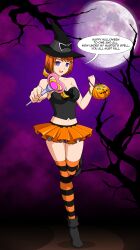 absurdres breasts candy cleavage empty_eyes femdom femsub halloween happy_trance hat high_heels hypnotized_hypnotist jack_o'_lantern jimryu large_breasts magic mai_tokiha my-hime pov pov_sub purple_eyes red_hair short_hair solo spiral text thighhighs witch witch_hat rating:Questionable score:93 user:daveyboysmith9