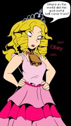 black_background blonde_hair blue_eyes collar cowbell crown female_only femsub howling_mad_fox_hatter hypnotic_accessory jewelry long_hair original princess_caelia_(kachopper9) simple_background solo text rating:Questionable score:107 user:Kachopper9