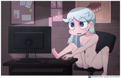 absurdres blue_eyes bottomless breasts chair computer disney empty_eyes expressionless female_only femsub hypnotic_screen masturbation moon_butterfly nude ohiekhe open_mouth star_vs_the_forces_of_evil topless rating:explicit score: user:giantexplore117