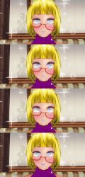 3d absurdres blonde_hair blue_eyes breasts comic custom_maid_3d_2 dialogue femsub glasses kamen_writer_mc large_breasts open-chest_sweater screenshot short_hair text translated rating:Questionable score:8 user:Fushigiball