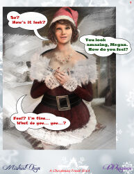 3d absurdres boots brown_eyes brown_hair christmas comic fishnets hat lingerie mistralonyx necklace original poser santa_hat smile standing text thighhighs underwear vvrayven rating:Questionable score:11 user:VVrayven