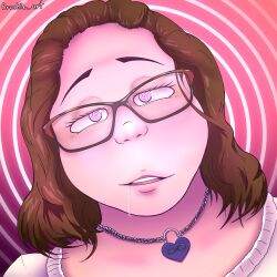  brown_hair brushie_art clothed drool female_only femsub glasses glowing necklace open_mouth spiral_background spiral_eyes  rating:safe score: user:brushie_art