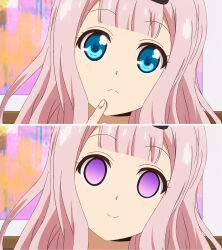  before_and_after blue_eyes empty_eyes female_only femsub fujiwara_chika happy_trance hypnoner_(manipper) ivatent_(manipper) kaguya-sama_love_is_war manip pink_hair smile solo straight-cut_bangs  rating:safe score: user:dawsoetheritz