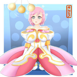 breasts enetheligthingdancer estellise_sidos_heurassein kneeling large_breasts open_mouth pendulum pink_hair short_hair solo spiral_eyes symbol_in_eyes tales_of_(series) tales_of_vesperia rating:questionable score: user:thegoodshank