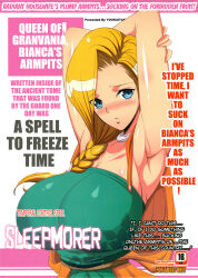armpits bianca_whitaker blonde_hair blue_eyes blush braid clothed cover dragon_quest_(series) dragon_quest_v female_only femsub royalty text youkai_tamanokoshi rating:Questionable score:34 user:Bootyhunter69