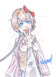 absurdres blonde_hair blue_eyes blush bow cables dazed doki_doki_literature_club drool electricity femsub gmun hair_ornament looking_at_viewer open_mouth pov pov_dom ribbon sayori_(doki_doki_literature_club) school_uniform see-through short_hair sweater tech_control text tongue tongue_out rating:Questionable score:155 user:gmun