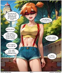 ai_art bangs breasts devianbar femsub glowing green_eyes happy_trance heart kneeling midriff misty navel nintendo open_mouth orange_hair pokemon pokemon_(anime) pokemon_red_green_blue_and_yellow ponytail shirt shoes short_hair short_shorts shorts side_ponytail sitting solo suspenders team_hypno tech_control text tied_hair visor rating:Safe score:42 user:masutazu