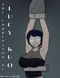  angry arms_above_head black_hair blue_eyes breasts comic glowing_eyes infamous lucy_kuo restrained signature tech_control text thesalazar  rating:questionable score: user:jimin