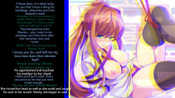 absurdres anaglyph blush bondage bottomless bow breasts brown_hair caption chromatic_aberration consensual doki_doki_literature_club female_only femsub green_eyes happy_trance large_breasts long_hair looking_at_viewer maledom manip maullarmaullar monika open_mouth ponytail pov pov_dom ribbon ribbon_bondage school_uniform smile tech_control text theoneincontrol_(manipper) thighhighs rating:Explicit score:73 user:TheOneInControl