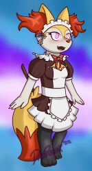  braixen daybreak fangs femsub furry happy_trance headdress maid maid_headdress nintendo open_mouth pokemon pokemon_(creature) red_eyes solo spiral_eyes symbol_in_eyes  rating:questionable score: user:xavierbro-13