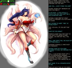 ahri animal_ears black_hair breasts caption female_only female_pov fox_girl hwd171_(manipper) kitsune_girl large_breasts league_of_legends long_hair looking_at_viewer magic manip open_clothes pov text western rating:Questionable score:60 user:hwd171