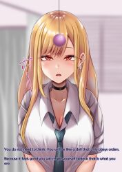 amagiri_miki blonde_hair blush breasts choker cleavage collarbone drool earrings empty_eyes expressionless femsub hard_translated large_breasts long_hair maledom marin_kitagawa my_dress-up_darling open_mouth pendulum red_eyes school_uniform text tie tongue translated rating:Safe score:24 user:roseateheart