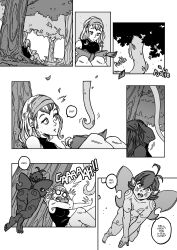 absurdres ass barefoot book clothed comic dialogue efalabrino fairy greyscale headband long_hair nude original short_hair surprised tattoo tentacles text trees wings rating:Explicit score:33 user:efala