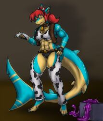 abs barefoot cowbell faust1173 female_only femsub furry hand_on_hip horns muscle_girl original ponytail red_hair shark_girl slime solo tail rating:Questionable score:29 user:Sleepyhead97
