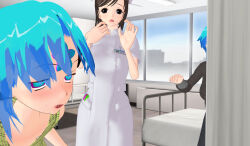 3d 3d_custom_girl blue_eyes blue_hair blush brown_hair multiple_girls nurse original parasite symbol_in_eyes rating:Questionable score:6 user:Sleepyhead97