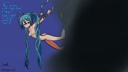 absurdres androgynous androgynous_dom blue_eyes blue_hair bottomless breasts catastrophe femsub final_fantasy final_fantasy_v miku_hatsune monster nude small_breasts soul tentacles text topless twintails vocaloid rating:Explicit score:5 user:Souler