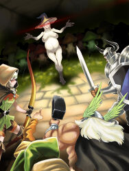 blonde_hair bottomless bow braid breasts dragon's_crown dwarf_(dragon's_crown) elf elf_(dragon's_crown) fighter_(dragon's_crown) hat horns large_breasts long_hair mushroom nude pregnant rannie_(dragon's_crown) small_breasts sorceress_(dragon's_crown) sword topless uns weapon white_hair rating:Questionable score:40 user:TheGoodShank