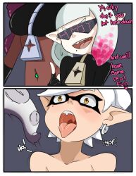 absurdres blush breasts comic dark_skin earrings elf_ears enemy_conversion female_only femdom femsub happy_trance hypnoshades hypnotic_accessory hypnotized_hypnotist incest inkling inuyuru jewelry large_breasts marie_(splatoon) marina_(splatoon) midriff navel_piercing nintendo octoling off_the_hook open_mouth pearl_(splatoon) splatoon splatoon_2 symbol_in_eyes tech_control text tongue tongue_out twintails rating:Questionable score:60 user:TheGoodShank
