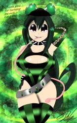absurdres alternate_costume belt breasts corruption defeated dialogue eyeshadow female_only femsub frog_girl gloves green_hair happy_trance long_hair long_tongue looking_at_viewer lorddandan my_hero_academia opera_gloves solo studded_collar text thighhighs tongue tongue_out tsuyu_asui rating:Questionable score:71 user:LordDanDan
