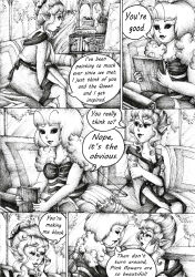 absurdres bee_girl black_sclera breasts bug_girl comic elf elf_ears female_only greyscale justsketchingviolets large_breasts monochrome original short_hair text traditional rating:Safe score:17 user:JustSketchingViolets