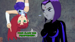 black_hair clothed dc_comics dialogue dogdog english_text floating goth green_eyes grey_skin multiple_girls purple_eyes purple_hair raven red_hair starfire text rating:Safe score:1 user:Bootyhunter69