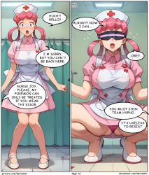 ai_art devianbar dialogue femsub large_breasts nintendo nurse nurse_joy panties pink_hair pokemon team_hypno tech_control text visor rating:Questionable score:8 user:Proyecto38