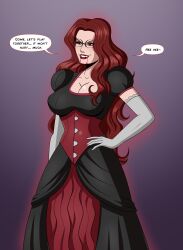 blood bottomless breasts evil_smile female_only femsub glasses happy_trance long_hair nude original polmanning red_hair seline_(sasirre) smile text topless vampire western rating:Questionable score:27 user:sasirre