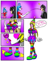 absurdres clown comic female_only femdom femsub gloves happy_trance makeup original sasha_smiles smile text tf-circus thighhighs transformation white_skin rating:questionable score: user:sleepyhead97