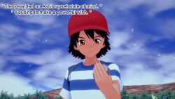 ash_ketchum aware backpack black_hair clothed dialogue male_only mustardsauce orange_eyes outdoors pokemon pokemon_(anime) solo text rating:Safe score:2 user:Bootyhunter69