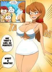 bimbofication blue_hair bra breast_expansion breasts brown_hair comic female_only femsub glasses jewelry kobi94 large_breasts makeup original teacher text rating:Questionable score:17 user:da_janitor2