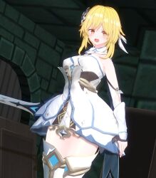 3d before_and_after blonde_hair blush boots cleavage custom_maid_3d_2 female_only fingerless_gloves genshin_impact gloves hair_ornament high_heels lumine_(genshin_impact) open_mouth setonoyorimiti short_hair skirt solo thick_thighs thigh_boots thighhighs weapon yellow_eyes rating:Safe score:25 user:VortexMaster