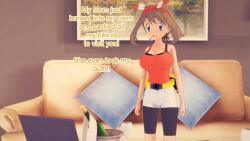 aware blue_eyes brown_hair clothed couch dialogue english_text female_only may mustardsauce pillow pokemon pokemon_(anime) solo text rating:Explicit score:0 user:Bootyhunter69