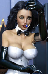3d blue_eyes breasts cleavage dc_comics gloves large_breasts lipstick long_hair necklace self_hypnosis super_hero tiangtam unaware zatanna_zatara rating:Questionable score:87 user:daveyboysmith9