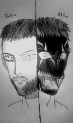 before_and_after corruption demon doudile finn_balor male_only nightmare_fuel open_mouth short_hair tattoo text wwe rating:questionable score: user:doudile