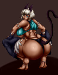 absurdres animal_ears ass barefoot bimbofication blue_eyes breasts dark_skin feet female_only femsub huge_breasts large_ass large_hips mamimi nadia_fortune skullgirls slit_pupils solo spread_legs squatting tail thong underboob white_hair rating:Questionable score:38 user:Grim